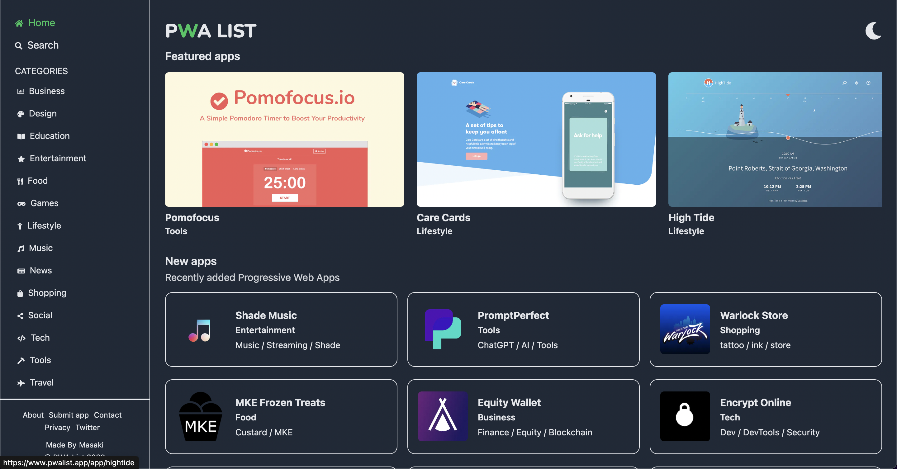 Screenshot of PWA List